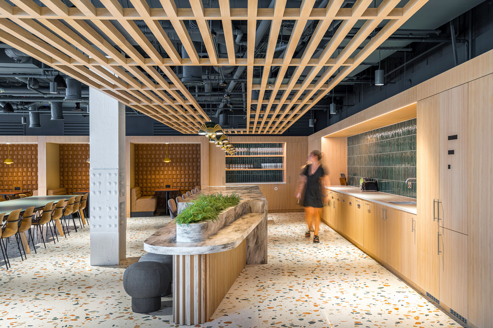 Servery with stone counter and timber baffles