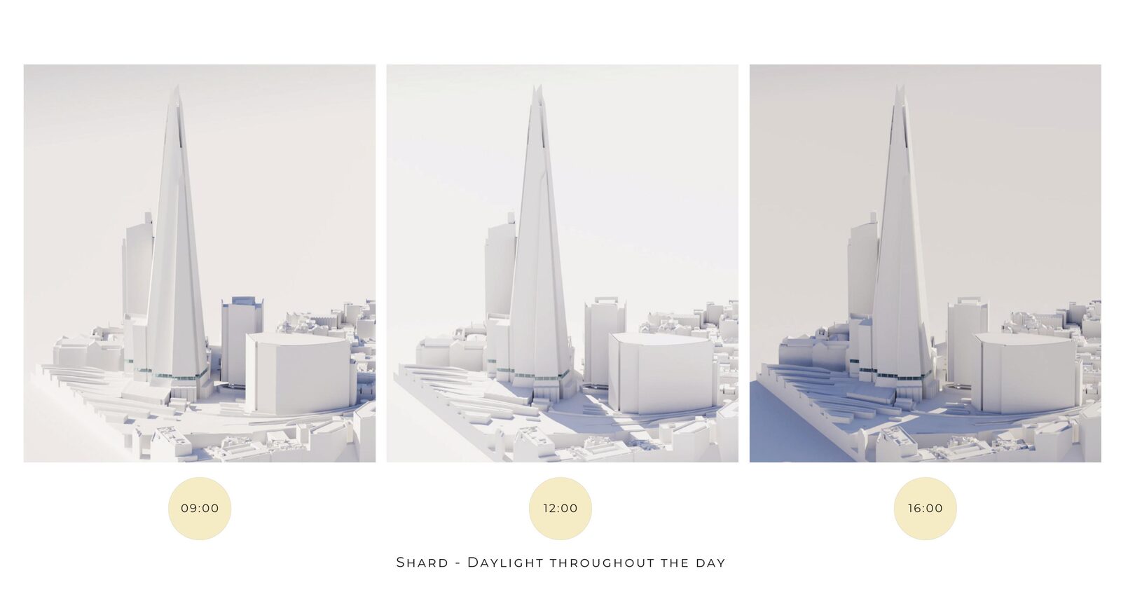 The tower and its neighbours modelled as plain massing at nine, at noon and at four.