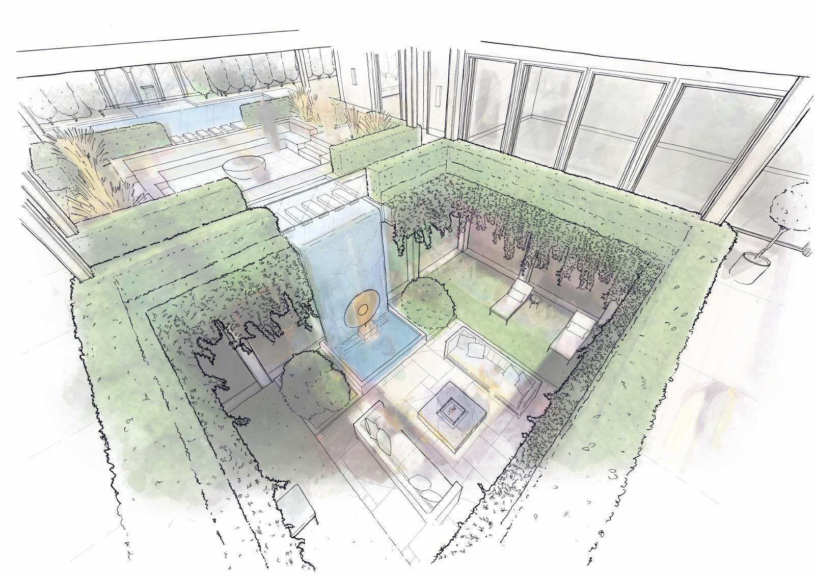 Hand-drawn perspective of the enclosed courtyard